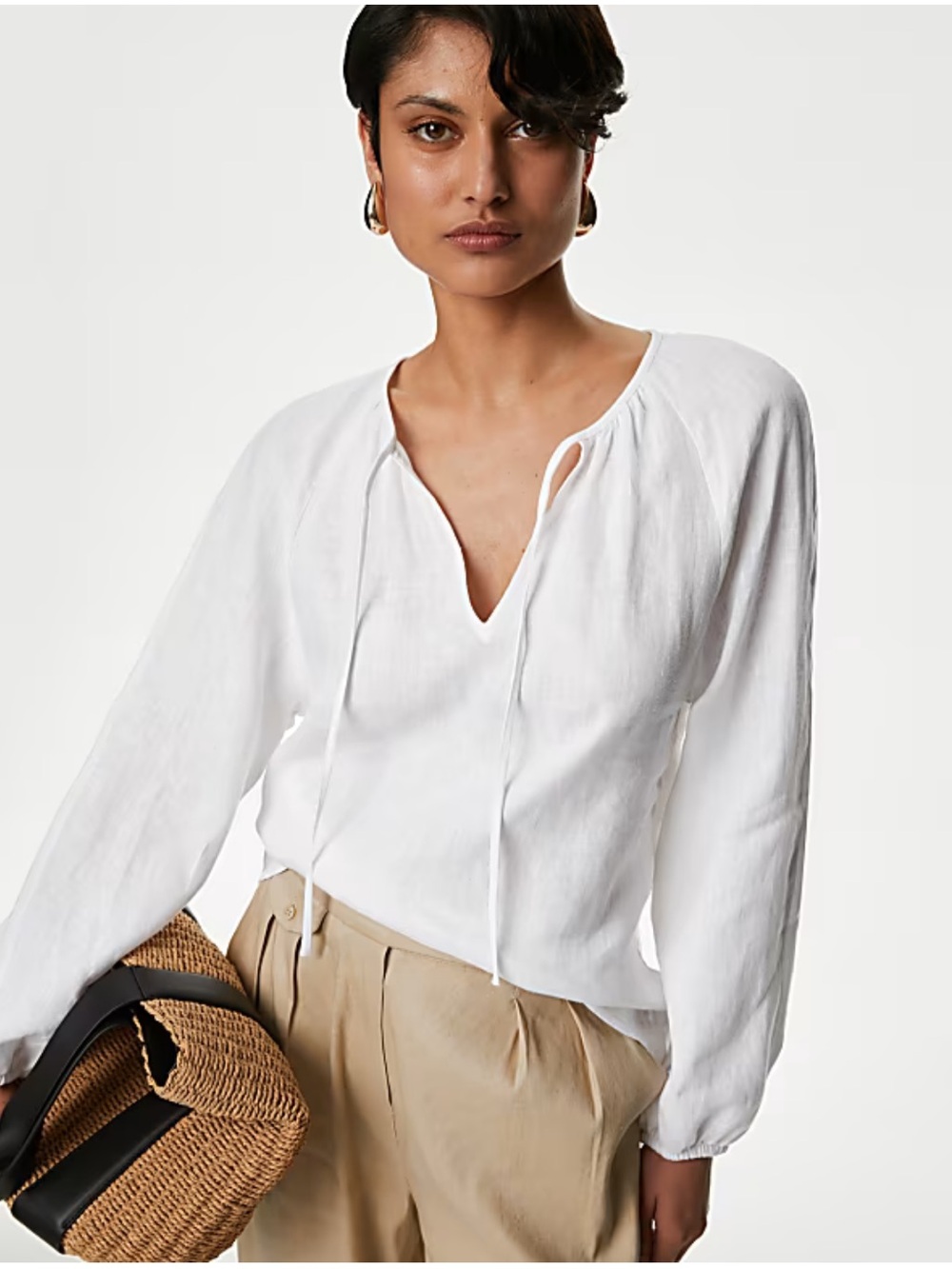 Autograph Pure Irish Linen Tie neck Blouse Size 8 in Soft White